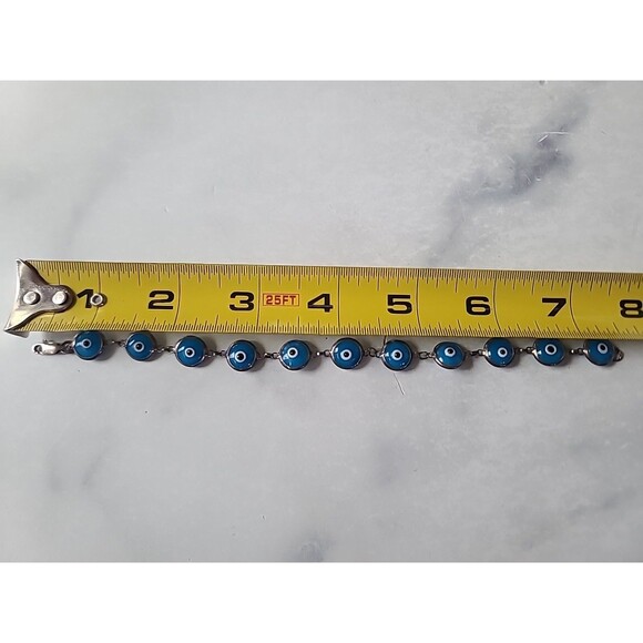 925 Sterling Silver Evil Eye Beaded Blue Glass Bracelet Vintage - Picture 8 of 10